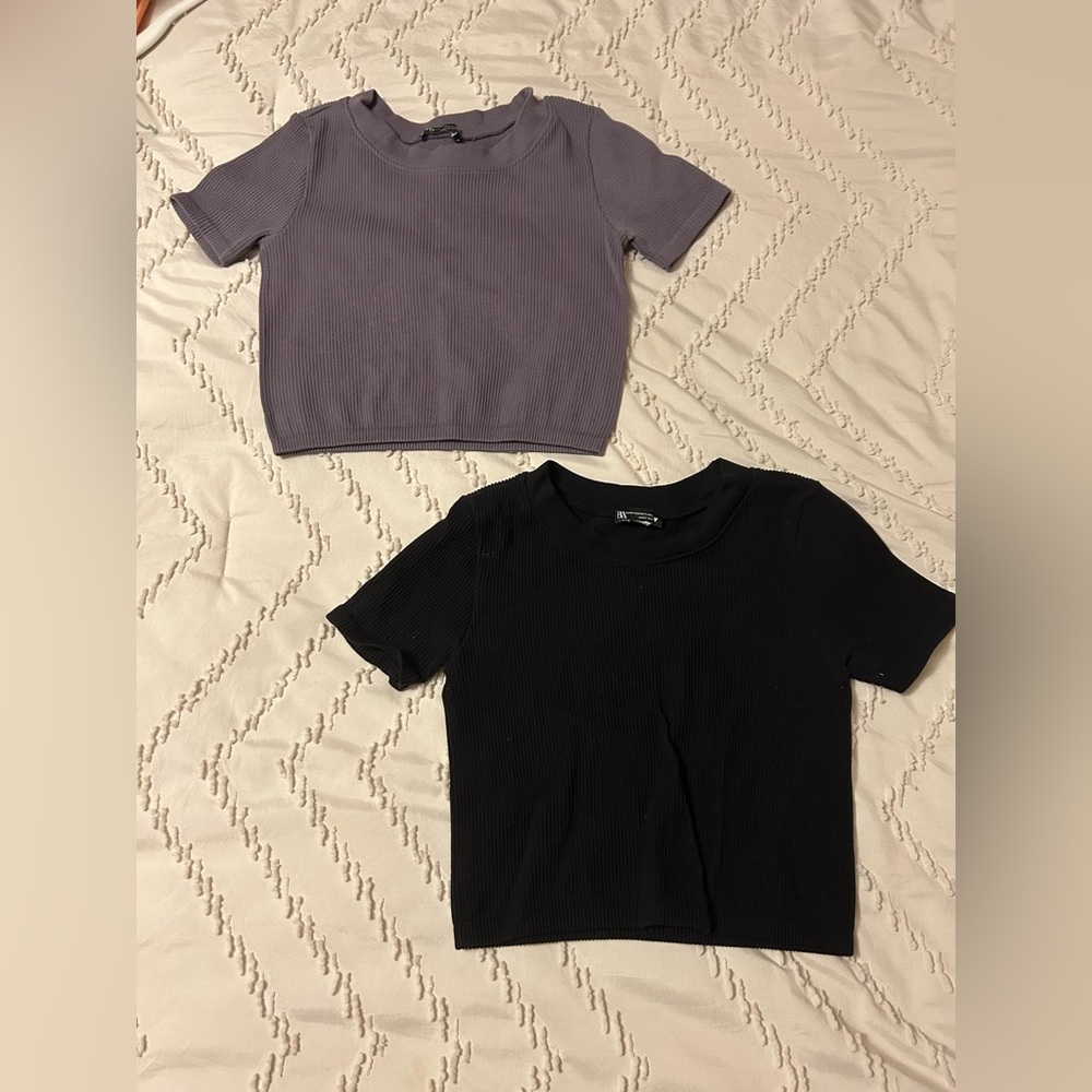 Zara Women's Ribbed Short Sleeve Tops - Black and Purple